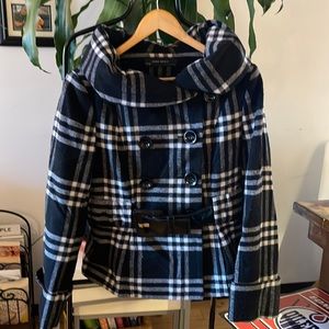 Zara Basic plaid jacket with black statement buttons and faux patent belt